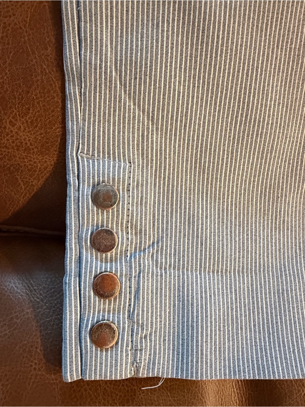 Chico's Blue and White Pinstripe Straight-Leg Pants with Button Cuff